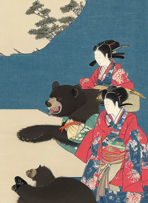 Image similar to a full body ukiyo-e portrait of a fully armored samurai Asian black bear, playing with a young Japanese girl in a kimono, a cat at the bottom, intricate, elegant, highly detailed, digital painting, artstation, concept art, smooth, sharp focus, illustration, art by Andō Hiroshige