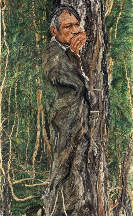 Prompt: full shot picture of indigenous leader standing in the forest, painted by lucian freud, hd, super detailed, amazing, realistic lighting