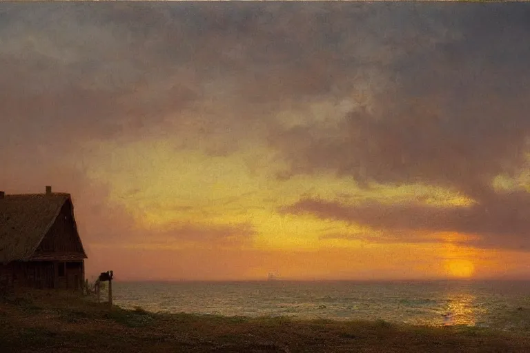 Image similar to sunset over a wooden cabin on the coast in the distance, sea, waves, oil painting, very detailed, colorful, cinematic lighting, albert bierstadt, theodor kittelsen, trending on artstation