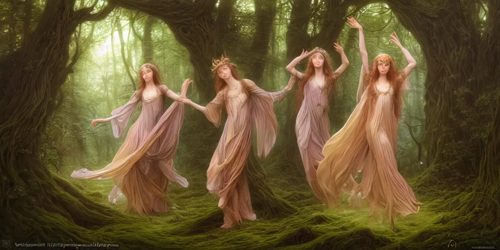 Image similar to masterpiece ephemeral elven girls dancing in the woods, composition by anastasiya dobrovolskaya, donato giancola, karol bak, tom bagshaw, face by artgerm and edmund leighton, background by zdzisław beksinski, majestic, volumetric lighting, porcelain skin, photorealistic, intricate, trending on artstation 8 k