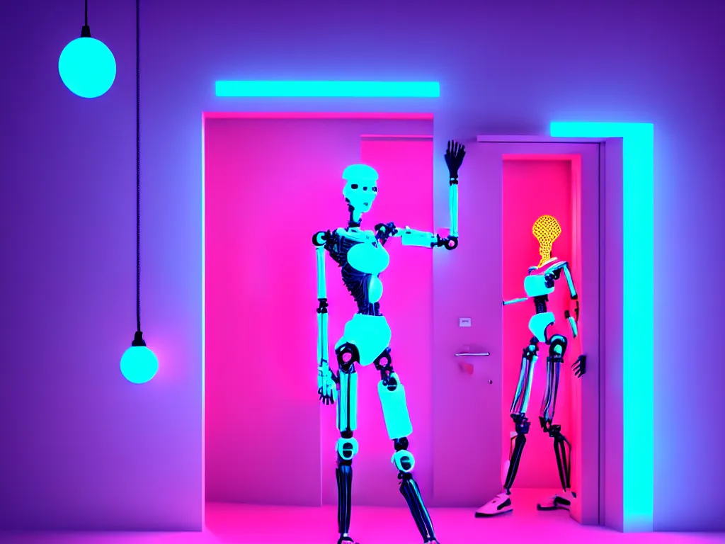 Image similar to beautiful tall female robot printed with red and black 3 d geometrical neon facing a doorway opening with neon pink geometric fractal light + a portal to a vaporwave world, flowering pineapples, transcendent, clean linework, dramatic, finely detailed, 4 k, trending on artstation, photorealistic, volumetric lighting, octane render