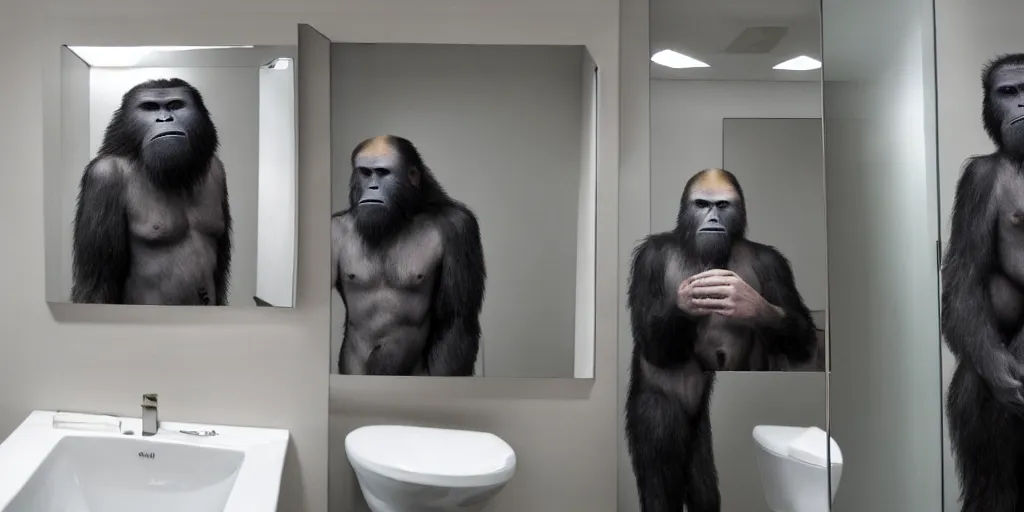 Image similar to ultra wide angle photo of vladimir putin, looking at himself in a bathroom mirror and seeing his reflection as a hairy australopithecines like ape version of himself