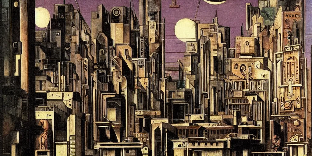 Image similar to friday night in a cyberpunk city by giorgio de chirico