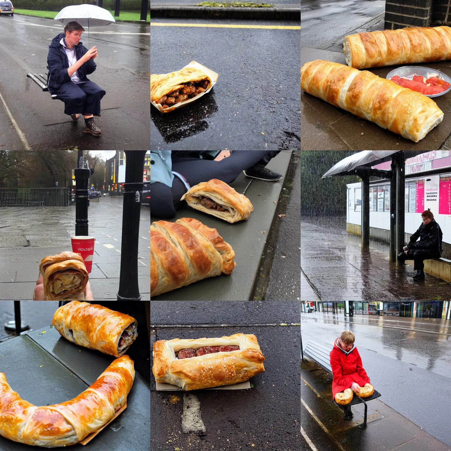 Prompt: sausage roll sat at a bus stop in the rain, waiting for a bus that might never arrive