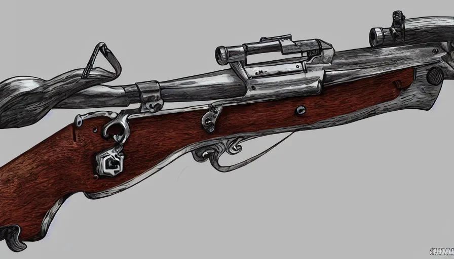 Prompt: Digital drawing of a muzzleloaded flintlock AK47 from the site grabAgun, gunbroker, white background, firearms, professional gunsmithing, top down drawing, gun auction, 4k. high quality, concept art, art by Jean Giraud and Shirow Masamune, reference, postapocalyptic