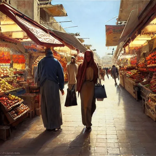 Image similar to a beautiful portrait painting of a couple shopping in a sunny market in north africa, masterpiece by famous artist nasreddine dinet and eugene de blaas and greg rutkowski and artgerm and wlop, path tracing, intricate, elegant, highly detailed, digital painting, artstation, concept art, smooth, sharp focus