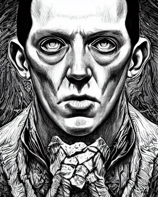 Image similar to h. p. lovecraft, pencil drawing, line art, black and white, fantasy art, monster art, illustration, fantasy, intricate, hyper detailed, artstation, concept art, smooth, sharp focus, ray tracing