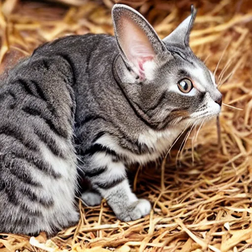 Prompt: cat morphed with bunny, hybrid animal, bunny features and cat features, picture taken in zoo