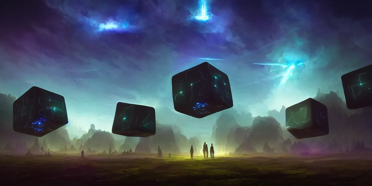 Image similar to a fleet of giant glowing futuristic cubes tied to each other with glowing light tubes in the sky, a fantasy magical landscape seen in the distance, atmospheric lighting, intricate, volumetric lighting, beautiful, sharp focus, ultra detailed, in the art style of marc simonetti, bowater charlie and brom gerald, astrophotography