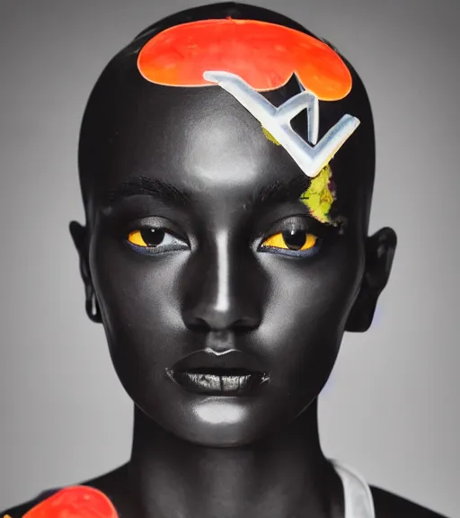 Image similar to dark black marble statue of a beautiful woman with colorful motocross logos in the style of virgil abloh, dark soft lighting, cinematic, very very beautiful, detailed, off white, heron preston, 8 k, 4 k, detailed, beautiful, symmetrical, vogue, editorial, fashion, magazine, museum lighting, night time, dark