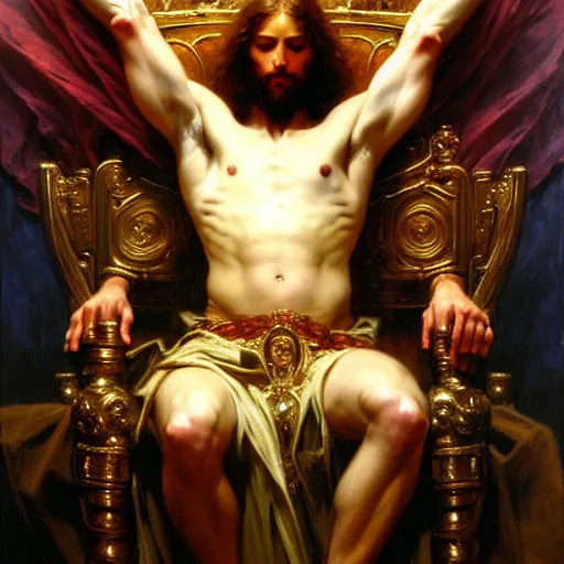 Image similar to full body portrait of blinfolded!!!! jesus christ sitting on a throne of entwined bodies, elegant, highly detailed painting by gaston bussiere, craig mullins, j. c. leyendecker, 8 k, mid shot