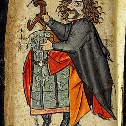Prompt: medieval manuscript depicting Inigo Montoya
