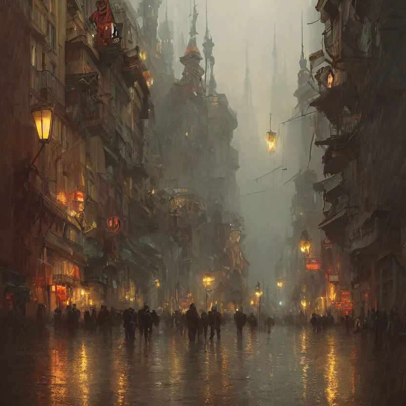 Image similar to polish city with rainy and moody cinematic lighting by darek zabrocki and greg ruthkowski, alphonse mucha, simon stalenhag and cinematic and atmospheric, concept art, artstation, trending on artstation