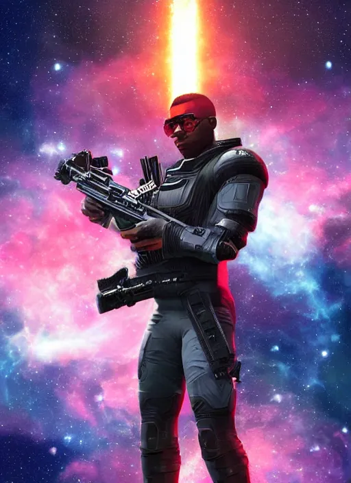 Image similar to space soldier, masculine black male holding a laser rifle in front of exploding nebulae, detailed digital illustration trending on artstation by artgerm and rutkowski