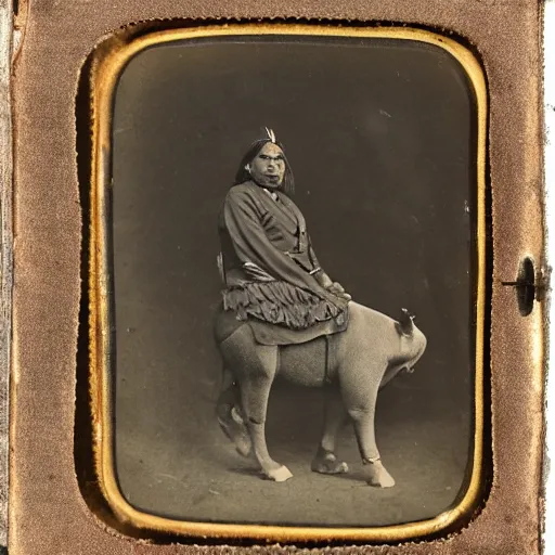 Image similar to Daguerreotype of a Cherokee Chief riding a large Malayan tapir