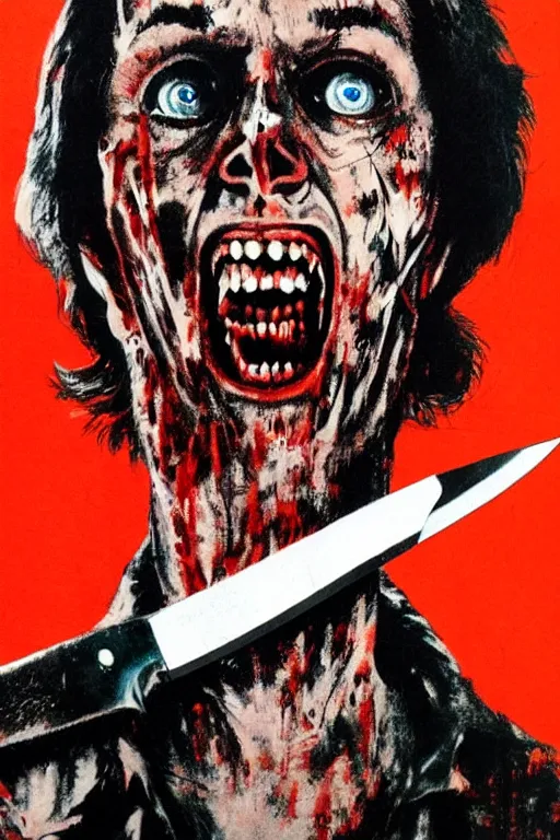 Prompt: realistic portrait of a psycho with a knife on a 1 9 7 0 s horror movie poster, vintage 7 0 s print, detailed, scary, horror, screen print, trending on artstation