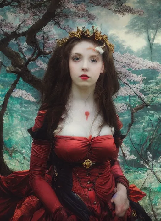 Prompt: Amouranth as an evil princess by Frederick Edwin Church and James Jean, rule of thirds, seductive look, beautiful, in Harajuku Japan during sakura season, masterpiece, Refined