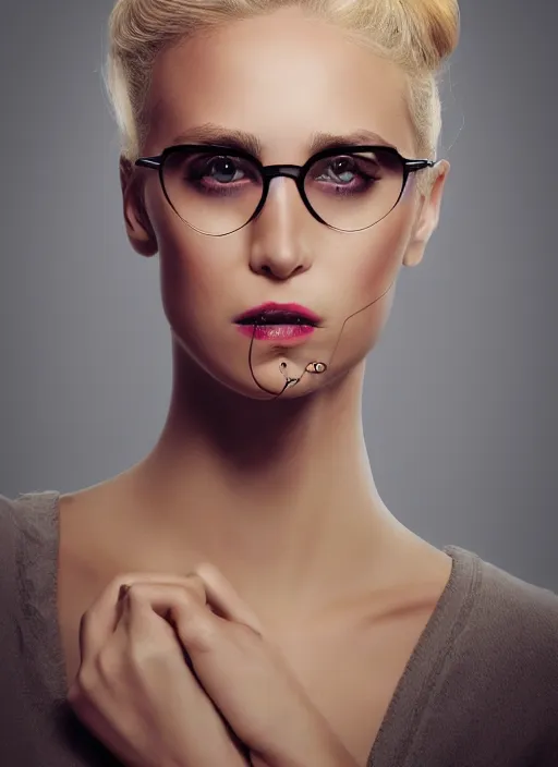 Image similar to a severe french woman with blonde hair tied in a strict bun, spectacles, lots of makeup, rich, character portrait, digital art, high quality, 8 k, detailed, d & d character,