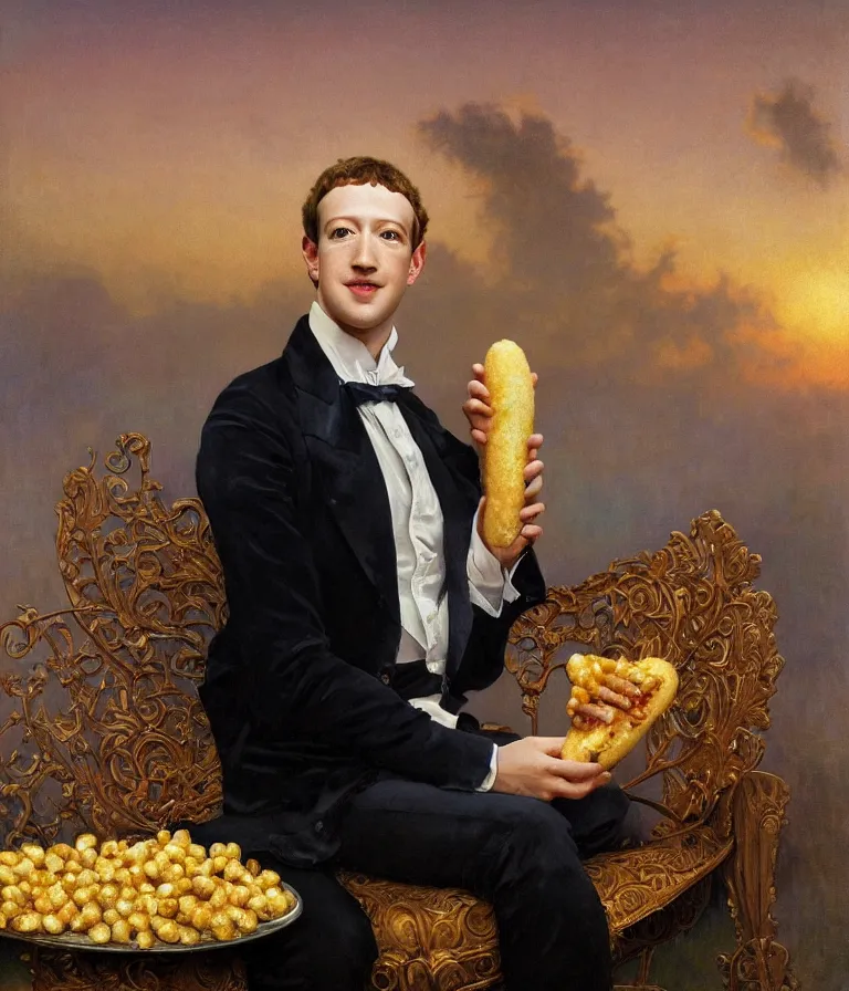 Prompt: Beautiful!! portrait of Mark Zuckerberg as an Edwardian dandy eating a corndog wearing a Velvet suit and a Top Hat sitting on a park Bench at sunset painted by Alphonse Mucha and arnold böcklin and Maxfield Parrish, hyperrealistic oil painting trending on artstation 8k