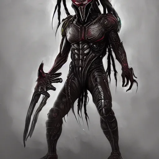 Prompt: digital painting of an alien with dreadlocks and wearing grey high tech armor, The Predator, Yautja, hyperdetailed, trending on Artstation