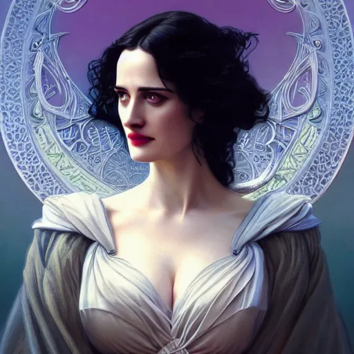 Image similar to beautiful detailed picture of eva green as yennefer, radiant light, art nouveau, intricate, elegant, highly detailed, symmetrical face, my rendition, digital painting, artstation, concept art, smooth, sharp focus, illustration, art by artgerm and greg rutkowski and alphonse mucha