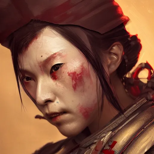 Image similar to Sickly diseased dying female Samurai warrior, portrait by Cedric Peyravernay, highly detailed, excellent composition, cinematic concept art, dramatic lighting, trending on ArtStation