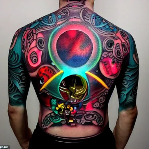 Image similar to backside on the shoulders is a tattoo of a 3 d hole in the skin with soft multicolored 3 d robotic mechanics and glowing computerparts and cables inside under the skin, insanely integrate,