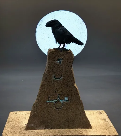 Prompt: raven standing on a large tombstone relic with glowing sigils on it, midnight death fog colors!