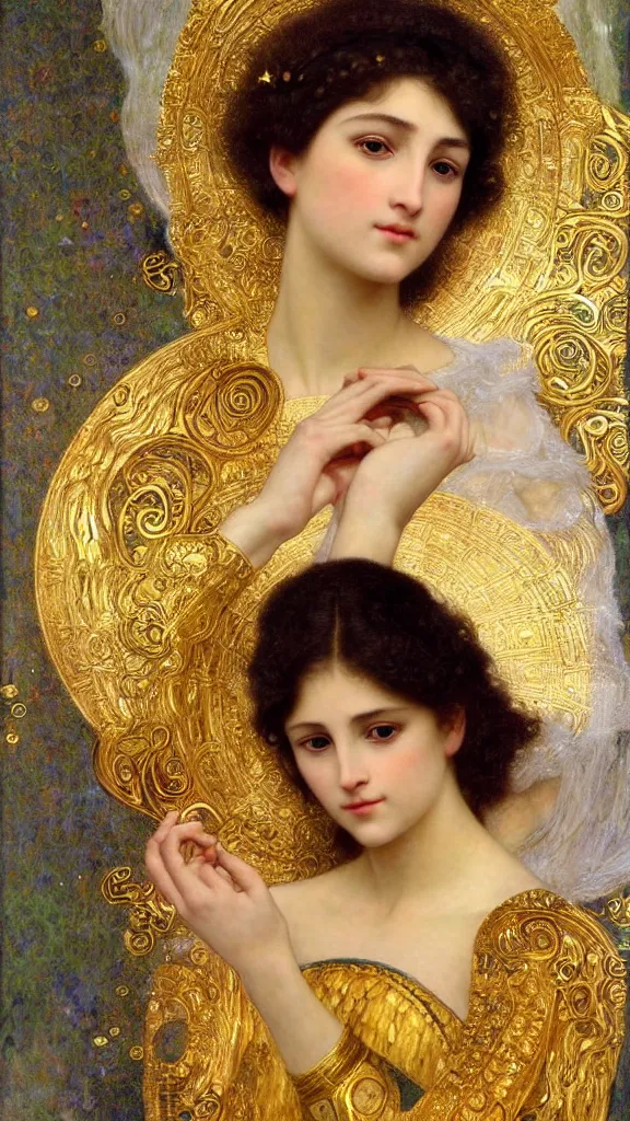 Image similar to painting portrait of a beautiful woman like an ancient goddess, intricate, elegant, digital painting, smooth, sharp focus, shiny gold, realistic gold, realistic metal, by William-Adolphe Bouguereau and Gustav Klimt,