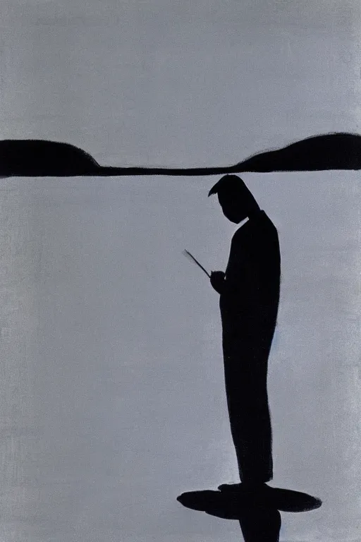 Image similar to man standing by a river, 1960’s minimalist advertising illustration, painterly, expressive brush strokes