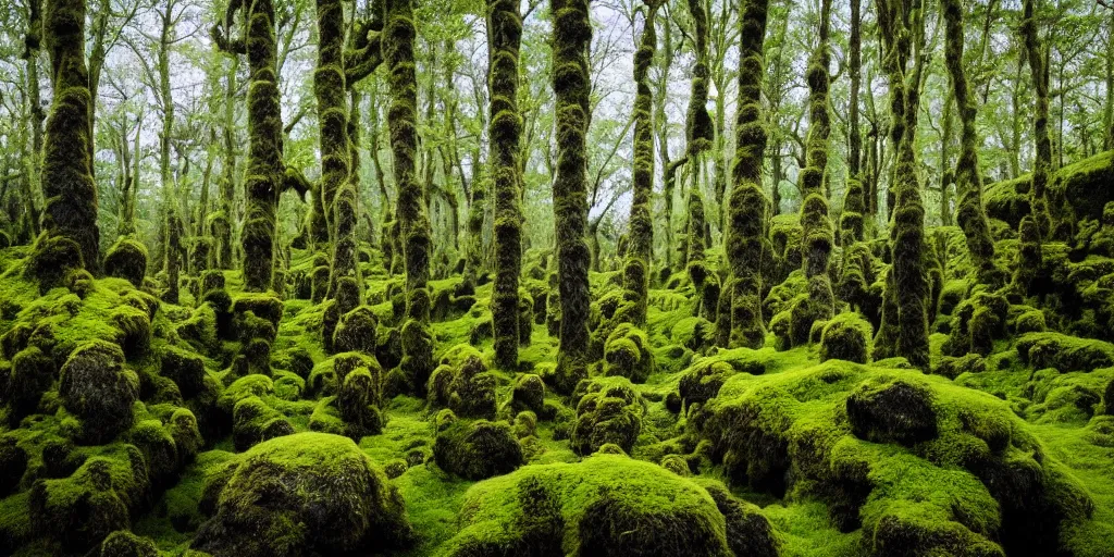 Image similar to photo of a landscape with lush forest, wallpaper, very very wide shot, iceland, new zeeland, green flush moss, national geographic, award landscape photography, professional landscape photography, iwagumi design, big sharp rock, ancient forest, primordial, sunny, day time, beautiful