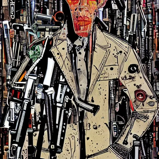 Image similar to Graphic Illustration of a man made out of Guns, Cyberpunk, Portrait, graffiti, by Ralph Steadman, Hunter S Thompson