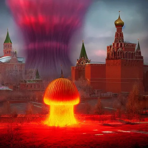 Image similar to a big nuclear explosion with realistic nuclear mushroom in Red Square Kremlin, dramatic lighting, cinematic, extremely high detail, photo realistic, cinematic lighting, post processed, concept art, artstation, matte painting, unreal engine 8k