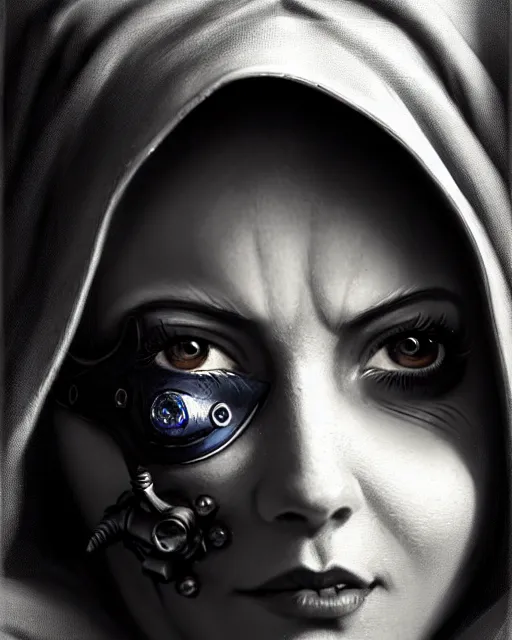 Image similar to ana from overwatch, blue hooded cloak, eye patch, blavk eye patch over one eye, older woman, character portrait, portrait, close up, highly detailed, intricate detail, amazing detail, sharp focus, vintage fantasy art, vintage sci - fi art, radiant light, caustics, by boris vallejo