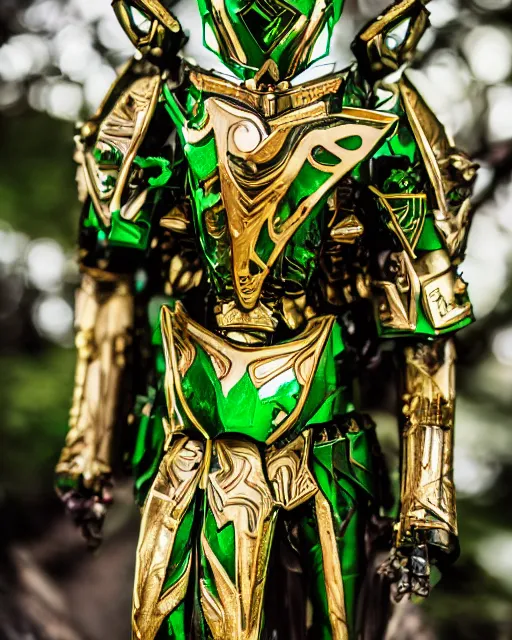 Image similar to an elf ranger wearing green and gold futuristic mecha armor with ornate rune carvings and glowing lining, very detailed, shot in canon 50mm f/1.2,