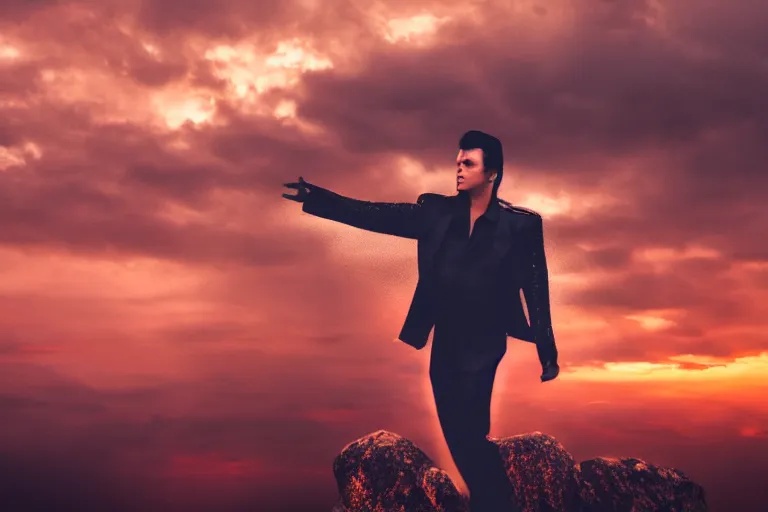 Image similar to 5 0 mm dslr photograph of a moody elvis presley at sunset, ethereal dancing in the center, photography, panoramic view, hyperdetailed, lightroom preset, photorealistic, unsplash