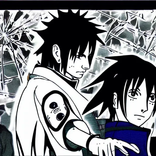 Image similar to Keanu Reeves teaches Sasuke how to chidori illustrated by Kishimoto highly detailed manga panel