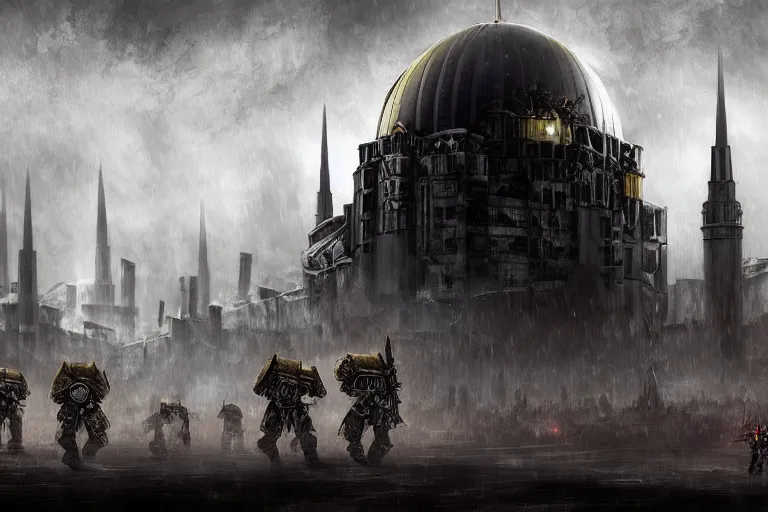 Image similar to Digital art, trending on Artstation, imperial russian warhammer 40k citadel black domes and tall radio spires, Dark and rainy mega city with towering walls built to block the migrants of the coming climate change migrant crisis showing piles of hundred bodies outside to maintain a quality of life for those who can survive the severe and deadly weather patterns observing small children targeted by advanced military style drones, dystopian, pbr render, concept art illustration, tilt shift background, wide depth of field, 8k, 35mm film grain