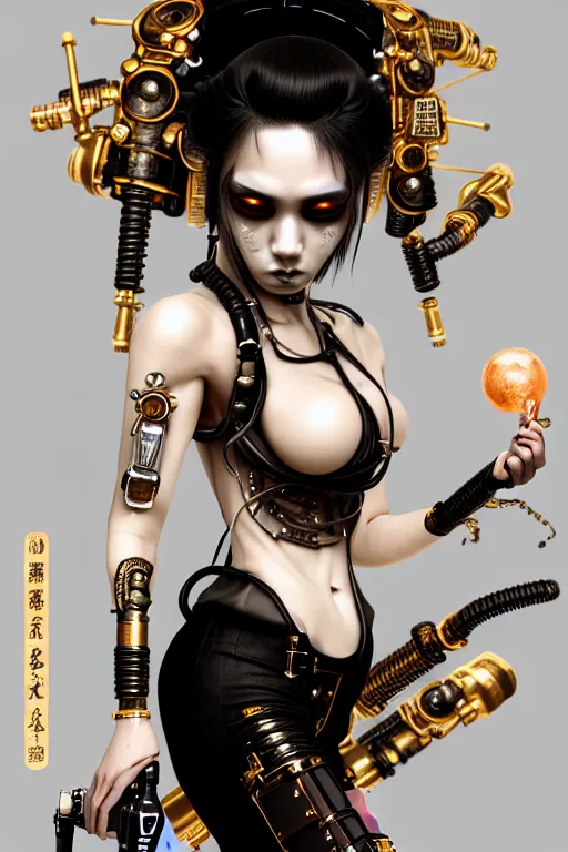 Image similar to soft lustrous ivory ebony geisha yakuza raver gutter punk gothic biotech steampunk cyborg, golden ratio, details, scifi, fantasy, cyberpunk, intricate, decadent, highly detailed, digital painting, octane render, artstation, concept art, smooth, sharp focus, illustration, art by artgerm, loish, wlop