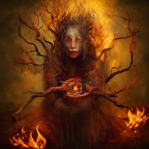 Prompt: a beautiful artwork of a fire druid performing magic, by Brooke Shaden, featured on artstation