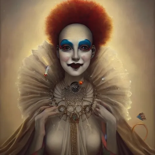 Prompt: artstyle by Tom Bagshaw, ultra realist soft painting of a curiosities carnival, single beautiful female clown with a big smile in a long dress, symmetry accurate features, very intricate details, focus, curvy, award winning