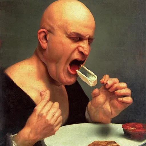 Prompt: vivid renaissance oil painting of an old bald man angrily eating ice cream