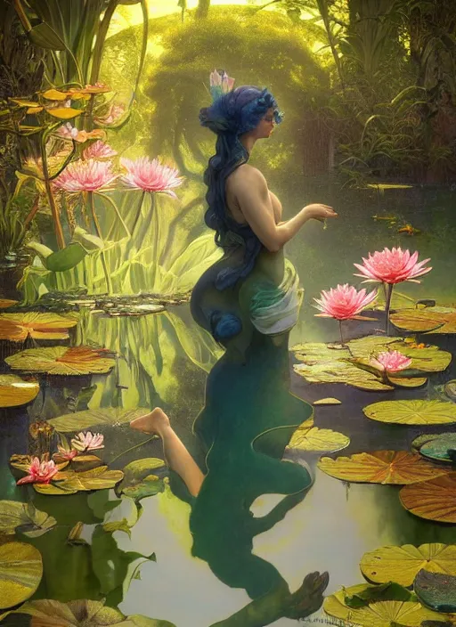 Prompt: portrait of a beautiful fairy, by a waterlily pond, coherent design, symmetrical, vivid color, complementary color, golden ratio, detailed, sharp lines, intricate, rainbowshift, by maxfield parrish, by peter mohrbacher, by karol bak, by alphonse mucha, deviantart, octane render