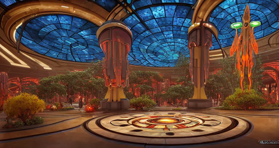 Prompt: 3 d render by donato giancola, warm coloured, scifi mass effect bioluminescent luxurious futuristic art nouveau art deco garden circular shopping mall interior with microscopy minimalist stained glass flowers growing out of pretty bulbous ceramic fountains, gigantic pillars and flowers, maschinen krieger, beeple, star trek, star wars, ilm, syd mead