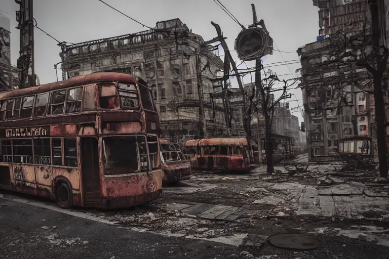 Prompt: low wide angle shot of dilapidated fallout 5 europa, european cityscapes, desolate, dilapidated neon signs, few rusted retro futuristic vintage parked vehicles like cars, buses, trucks, trams, volumetric lighting, photorealistic, fog, daytime, autumn, overcast weather, sharp focus, ultra detailed, 4 0 0 0 k