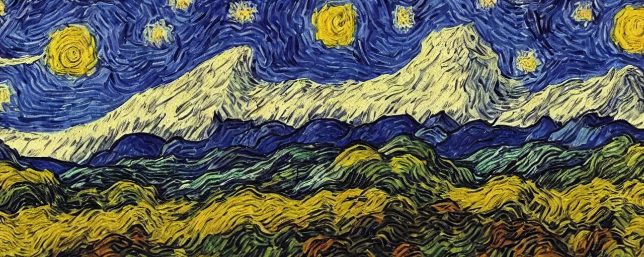 Prompt: landscape, mountain range in foreground, sky, style of Van Gogh starry night, atmospheric, small man in center standing on mountain, mist in valleys