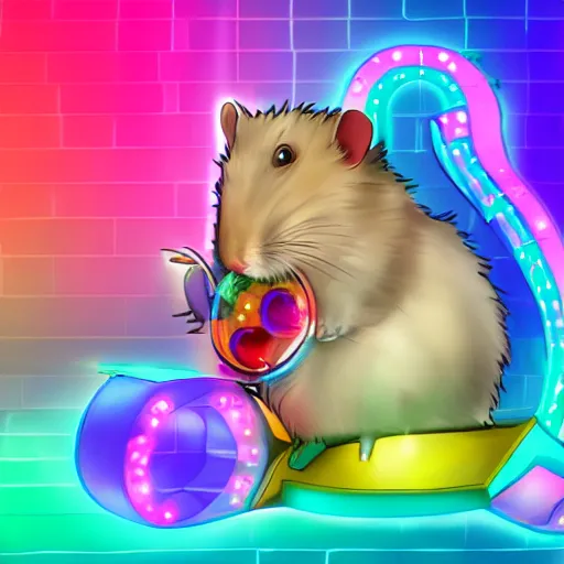 Image similar to hamster! holding rainbow! gem! crystal in a cyberpunk city, neon lights, light reflection, logo, 8 k, hd