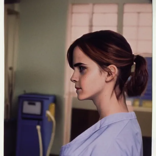 Image similar to emma watson, nurse scrubs, hospital, portrait, mid view head and shoulders, award winning, kodak ektachrome expired blue tint, film still from movie nurses on patrol ( 1 9 8 5 )