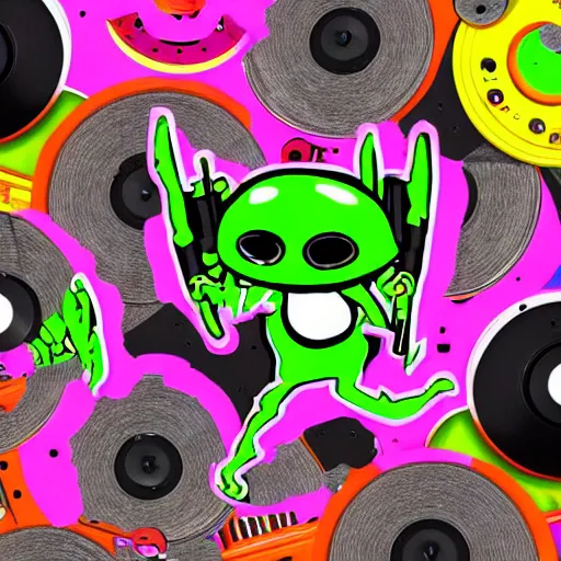 Image similar to svg sticker of a Pop-Wonder Alien-Bog-Monster-Swamp-Rat-Thunder-Coot-Racing-Fan at a rave, spinning records, giant headphones rocking out, wearing headphones, huge speakers, dancing, rave, DJ, spinning records, digital art, amazing composition, rule-of-thirds, award-winning, trending on artstation, featured on deviantart