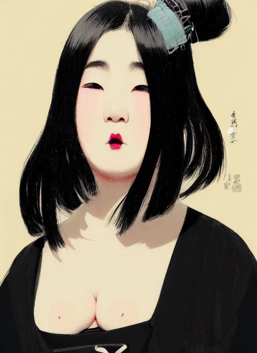 Image similar to portrait of a plump japanese woman with a crooked nose and a confident expression, 1 9 6 0 s, black clothes, goth, punk, brightly coloured hair, funk, intricate, elegant, highly detailed, digital painting, artstation, concept art, smooth, sharp focus, illustration, art by wlop, mars ravelo and greg rutkowski